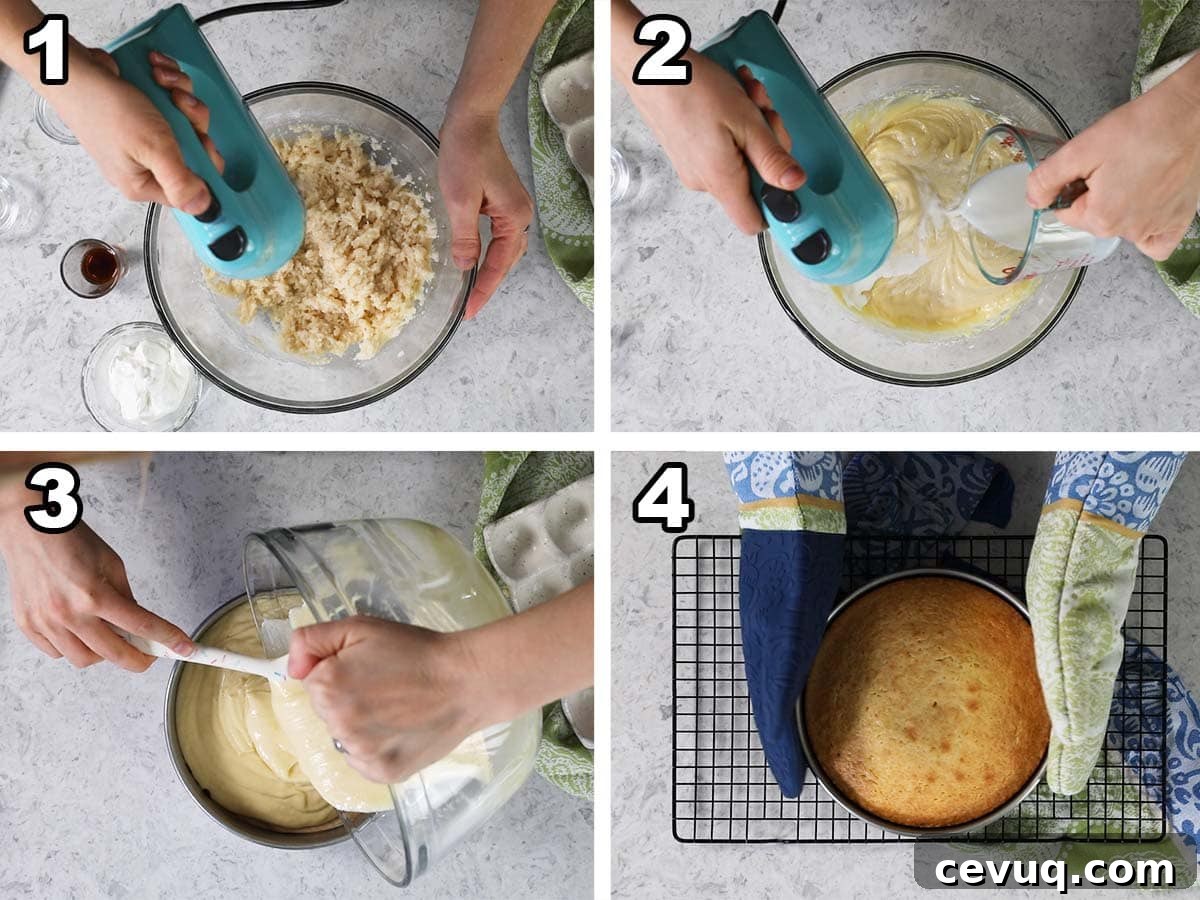 Collage of four photos showing a yellow cake being prepared and baked in a round pan.