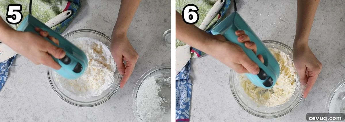 Collage of two photos showing buttercream frosting being prepared.