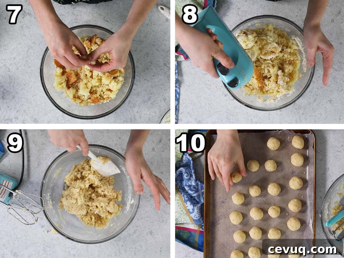 Collage of four photos showing cake being crumbled and combined with icing before being rolled into balls.