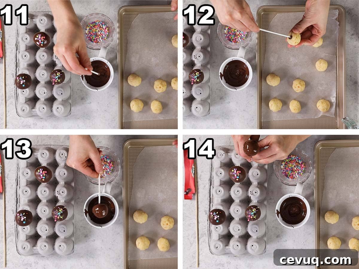 Collage of four photos showing cake balls being pierced with a stick before being dipped in chocolate and decorated with sprinkles.