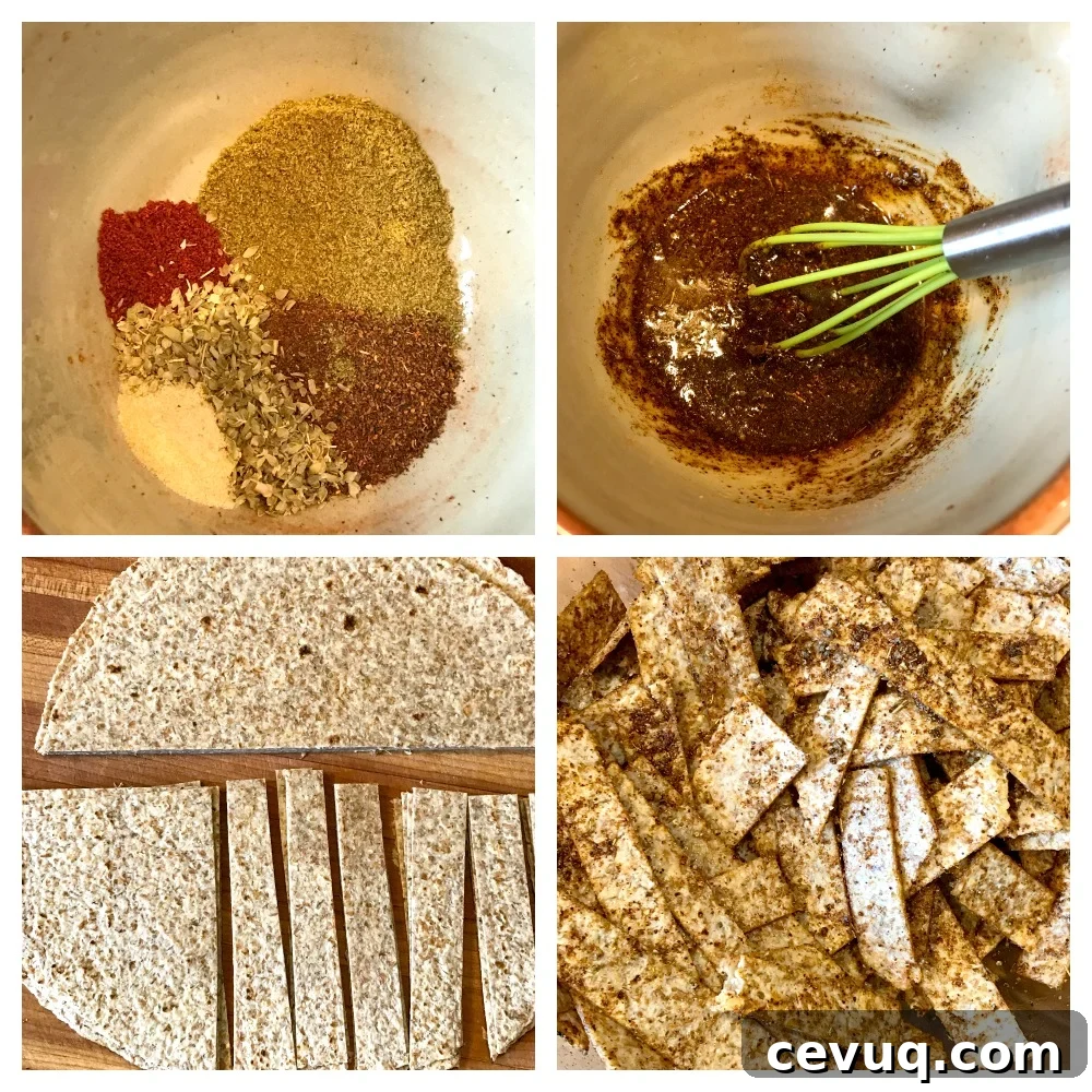 Tortillas cut into strips and coated with taco seasoning.