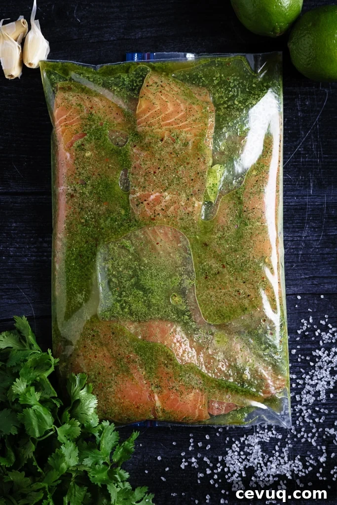 Three salmon fillets in a zip-top bag with cilantro lime marinade