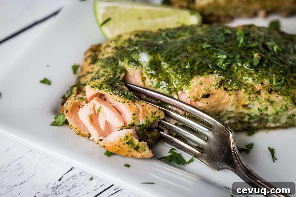 Fork flaking a grilled cilantro lime salmon fillet