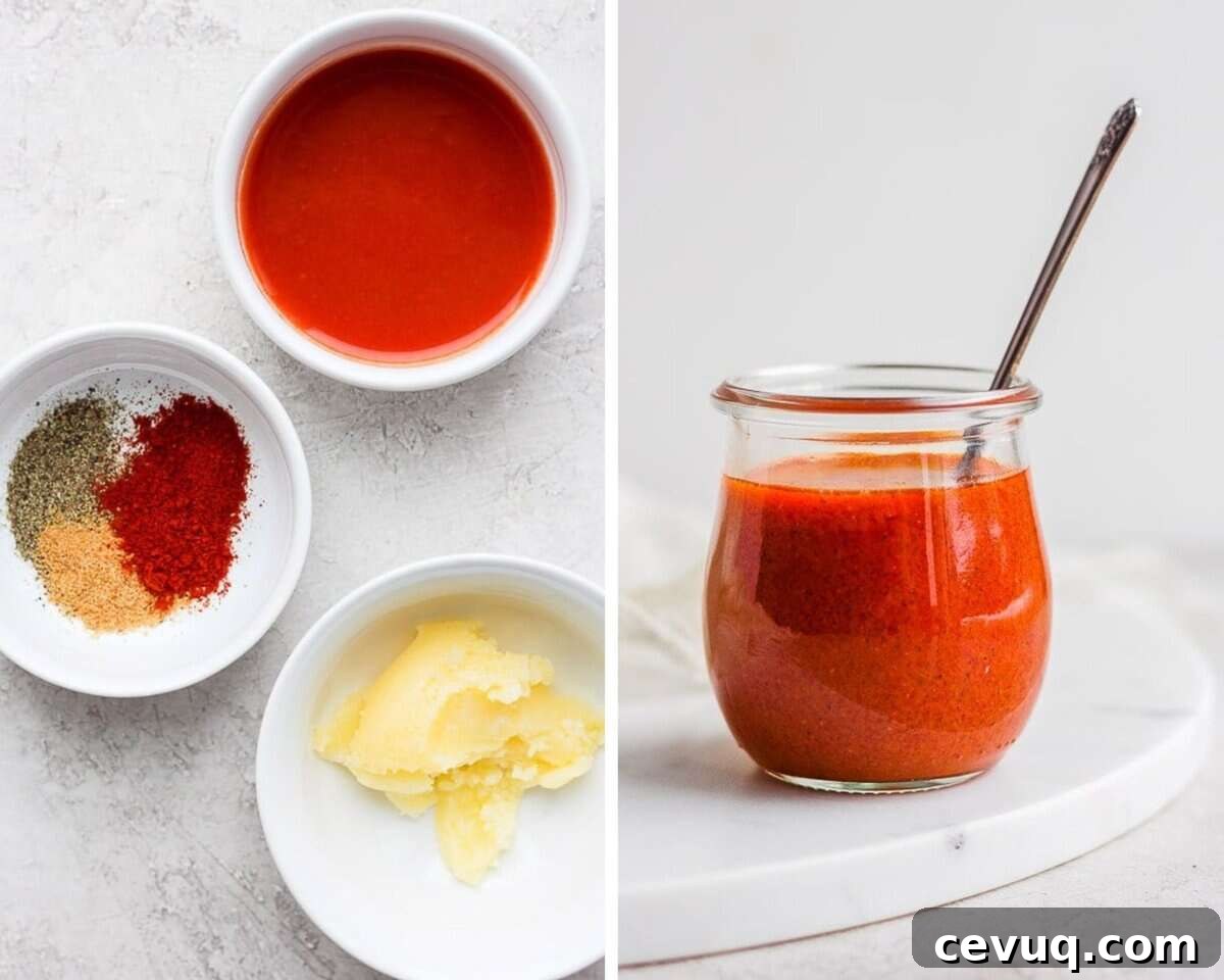 Individual bowls of ghee, paprika, garlic powder, salt, pepper, and Frank's hot sauce.  All of those ingredients in a small jar with a spoon.
