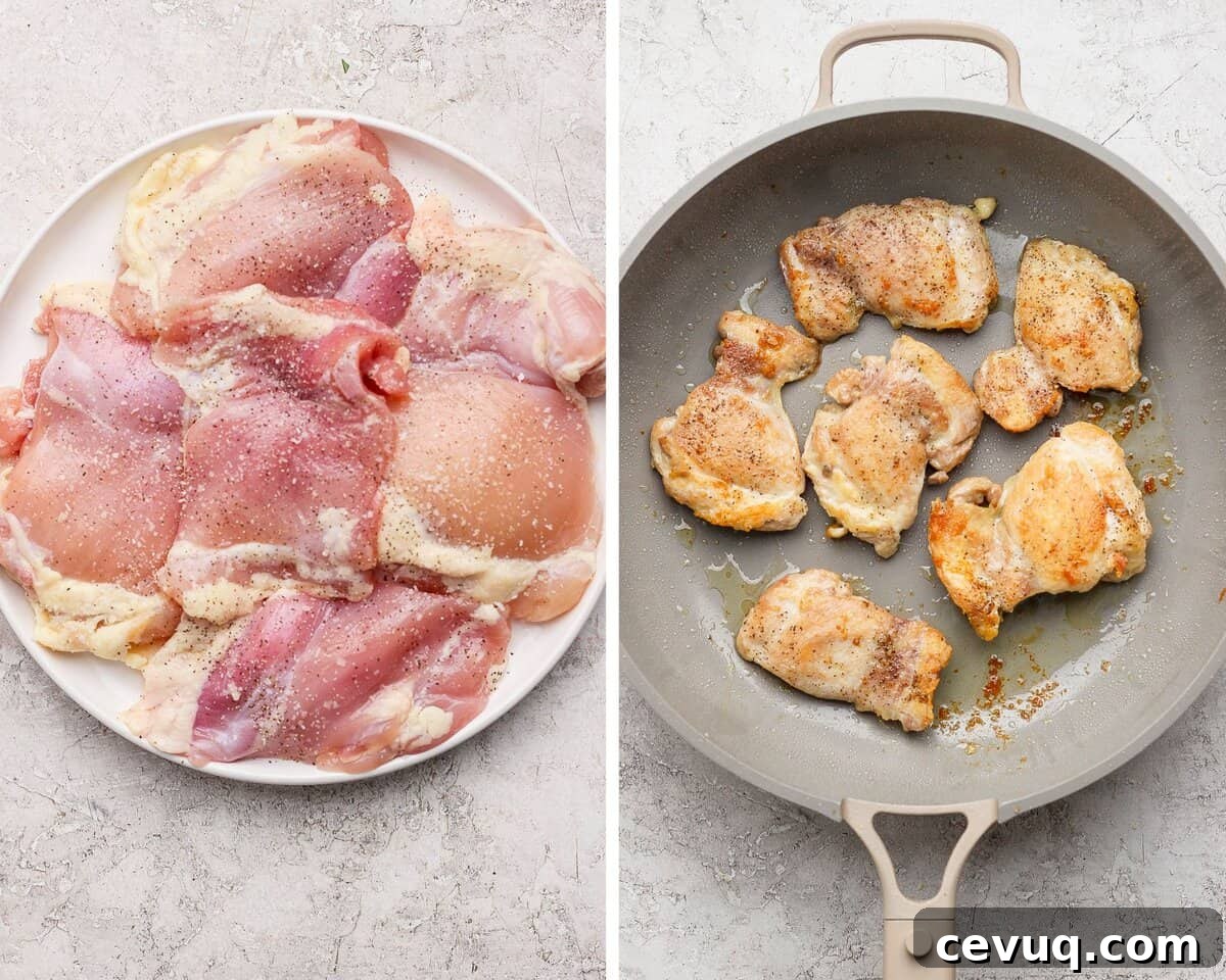 A plate with raw chicken thighs on a plate seasoned with salt and pepper. Cooked chicken thighs in a skillet.