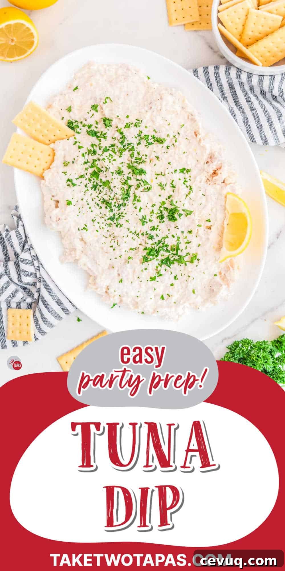 cold tuna dip on a plate with red banner and text