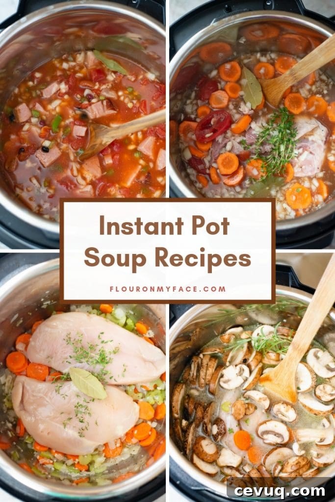 Instant Pot Chicken and Barley Soup Recipe for Quick Comfort 8 collage photo of 4 Instant Pot Soup recipes as the ingredients are loaded into the instant pot before cooking.