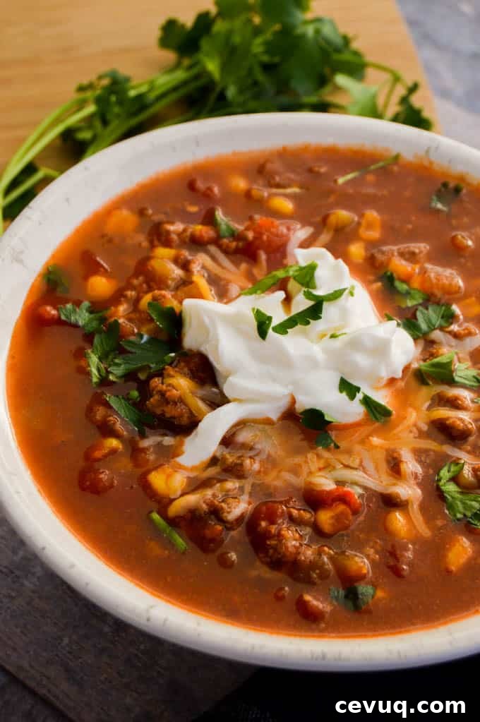 Bowl of spicy taco soup