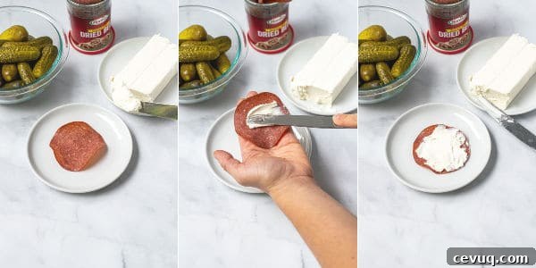 step by step pictures of cream cheese being spread on the dried beef