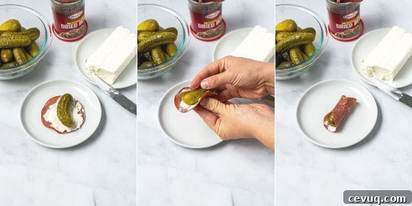 showing step by step how to roll the dill pickle in the dried beef