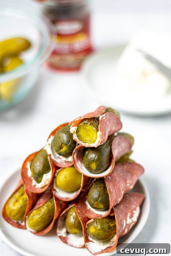 stack of the finished dill pickle roll ups with dried beef