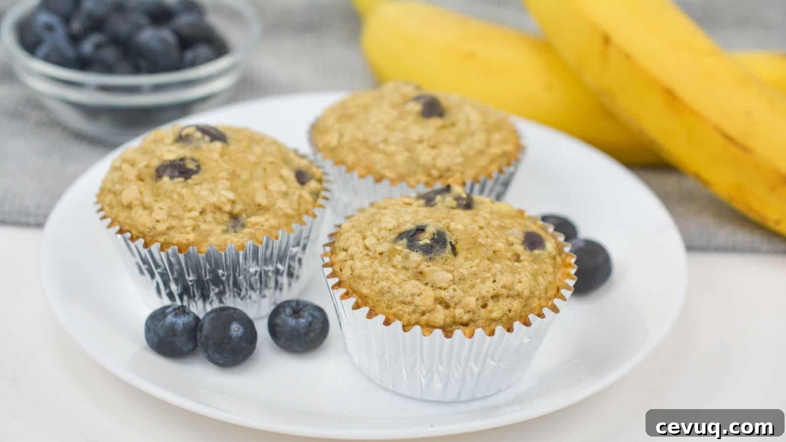 Three blueberry banana muffins on a white plate, with fresh blueberries and bananas in the background.