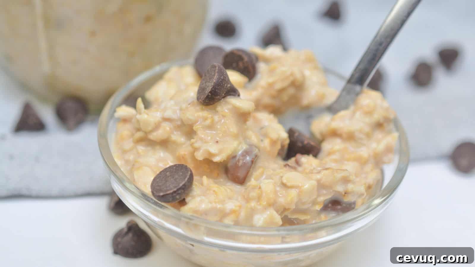 A bowl of oatmeal with chocolate chips on a white surface, a jar of oatmeal and scattered chocolate chips in the background.
