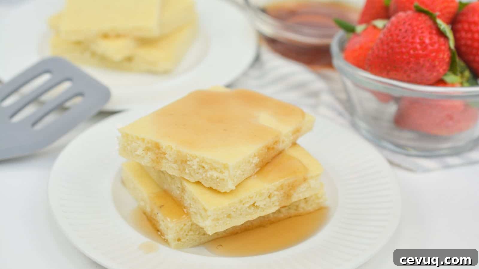 A plate of square pancakes drizzled with syrup, next to strawberries and a cup of maple syrup on a white tablecloth.