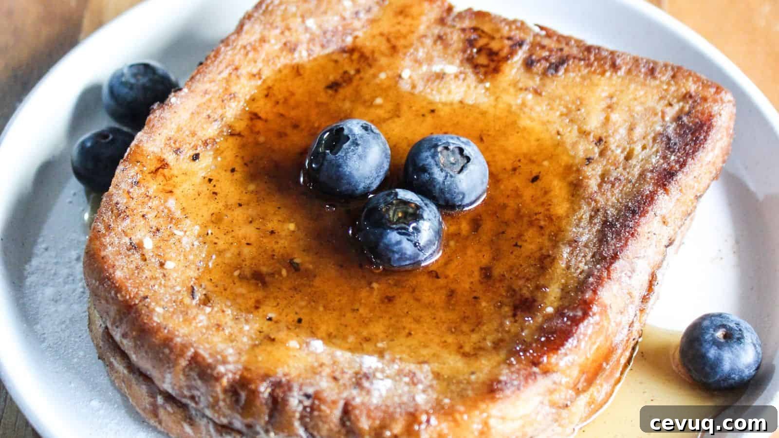 Slice of french toast topped with blueberries and syrup on a white plate.