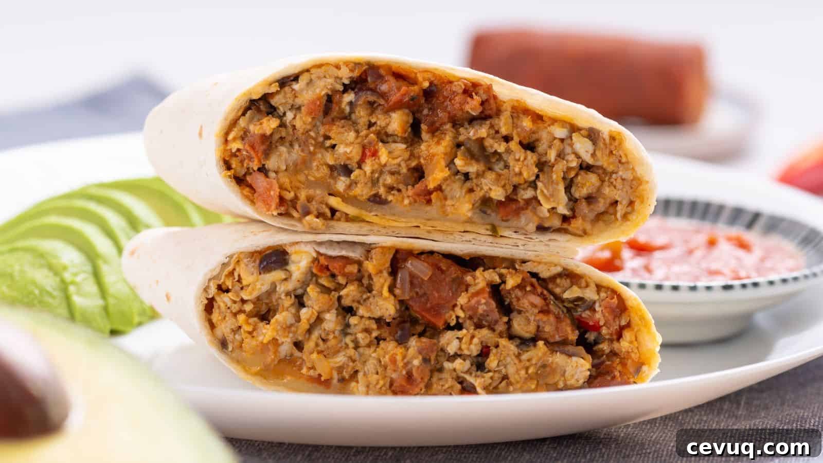 A burrito cut in half, showing a filling of mea and eggs served on a white plate with avocado and sauce on the side.