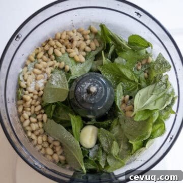 basil, garlic, and pine nuts in the blender