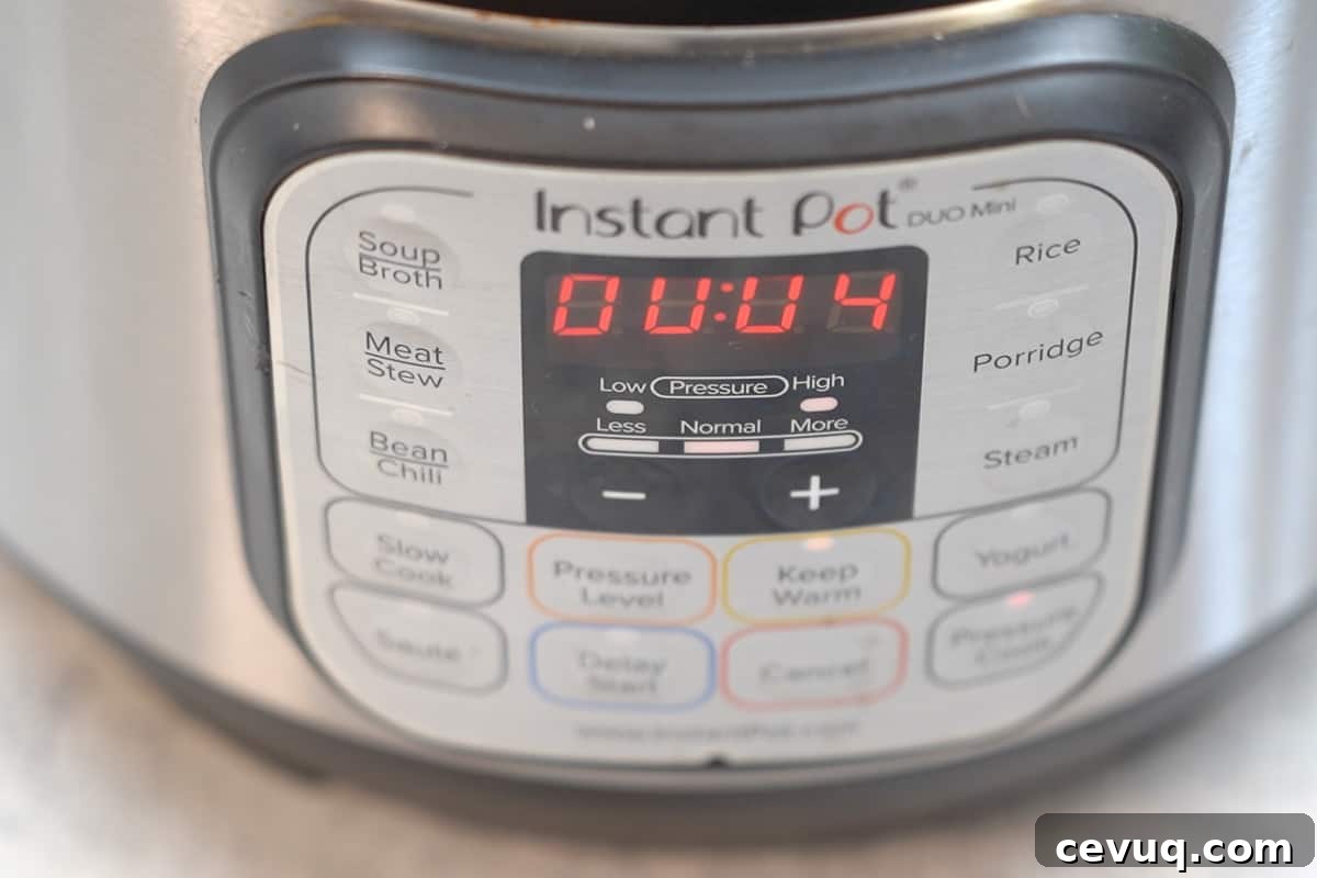 Timer set to 4 minutes at high pressure.