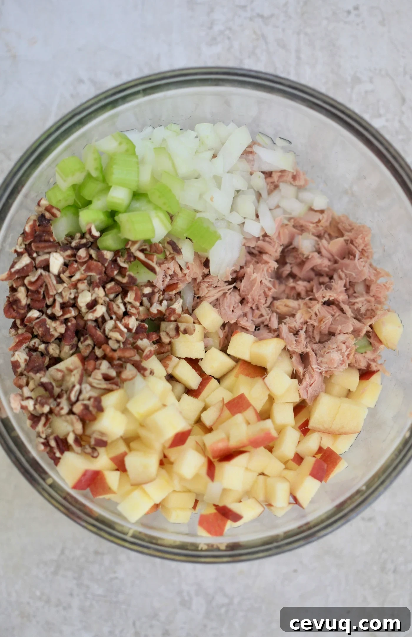 tuna, apple, and onion in mixing bowl