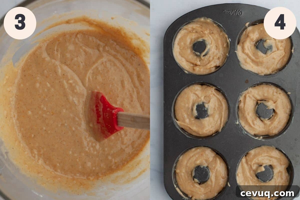 2 images, first is a bowl with donut batter, second is a donut pan filled with batter