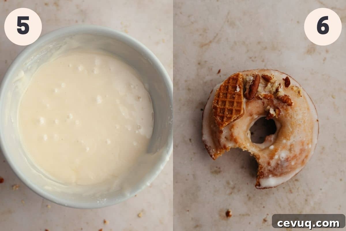 2 images, first is a bowl with maple glaze, second is a glazed donut with a bite taken out