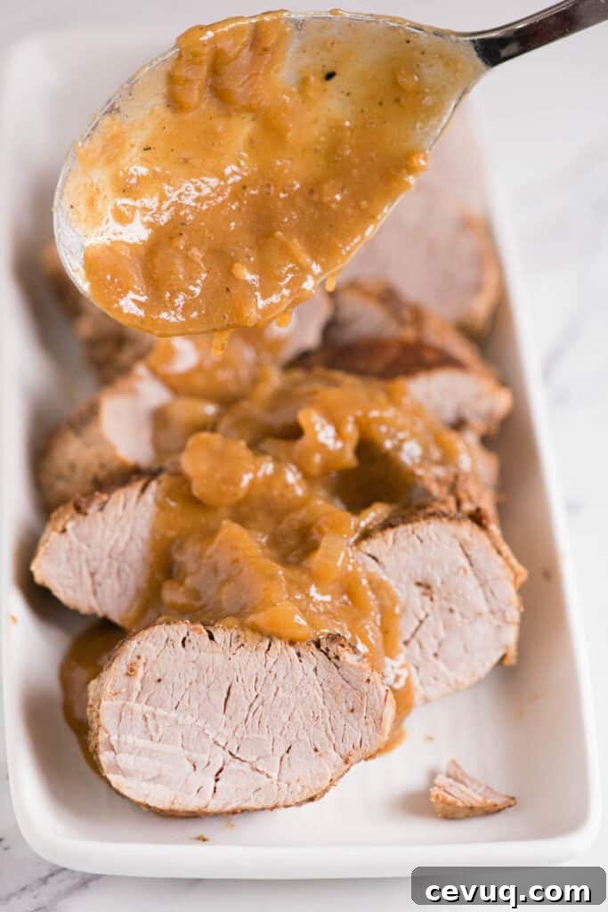 Juicy Instant Pot Pork Tenderloin Recipe for Quick Dinners 12 adding onion gravy to pork tenderloin