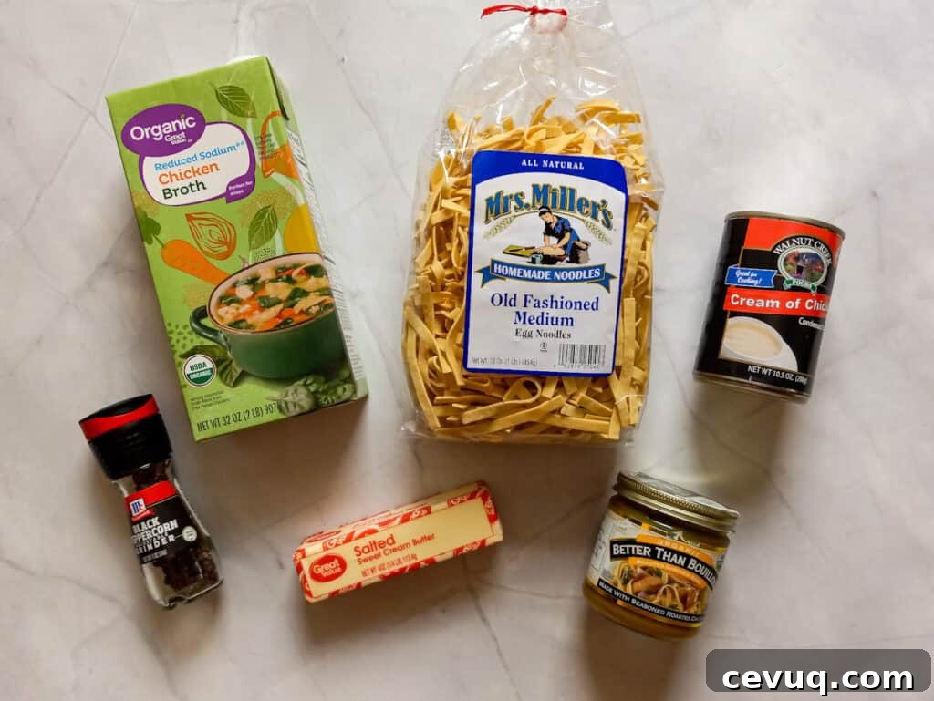 Ingredients: Amish noodles, chicken broth, bouillon, butter, cream of chicken, and black pepper.