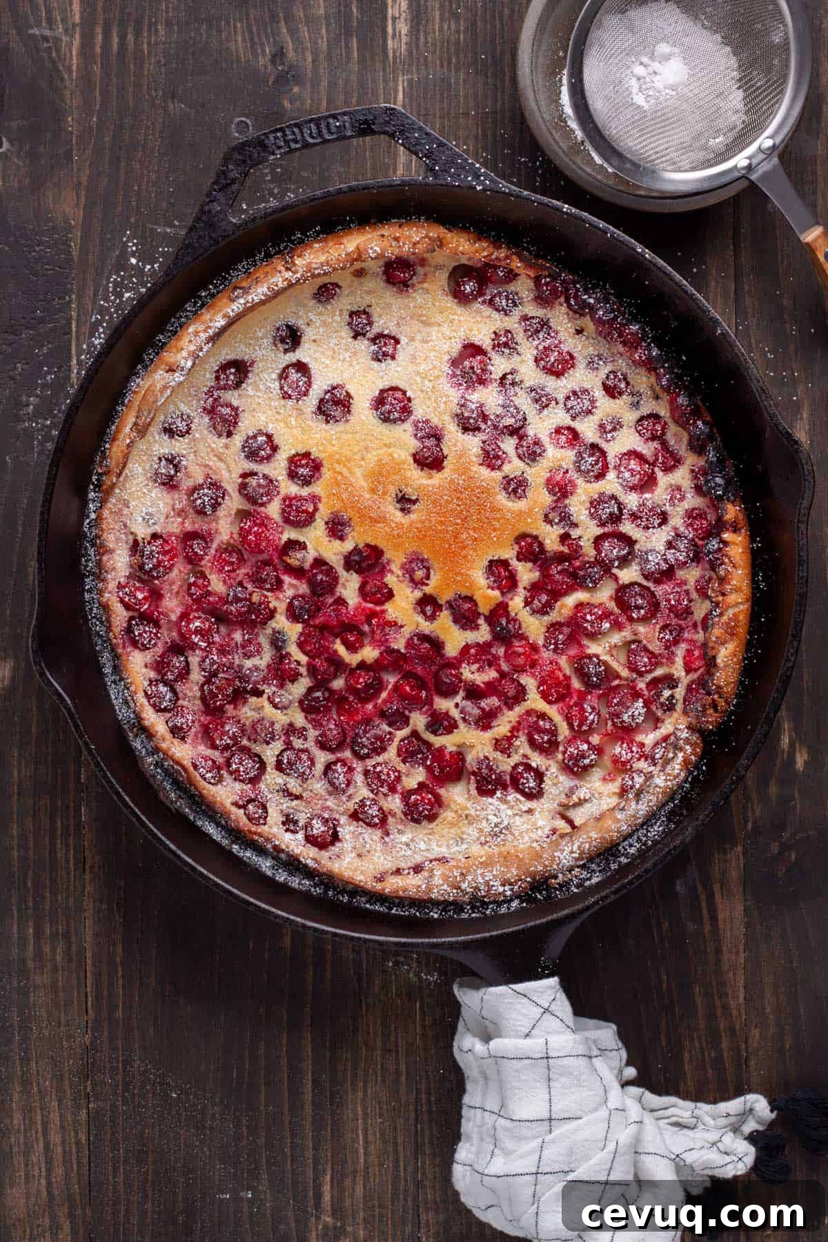 A cranberry dutch baby in a cast iron skillet dusted with powdered sugar.