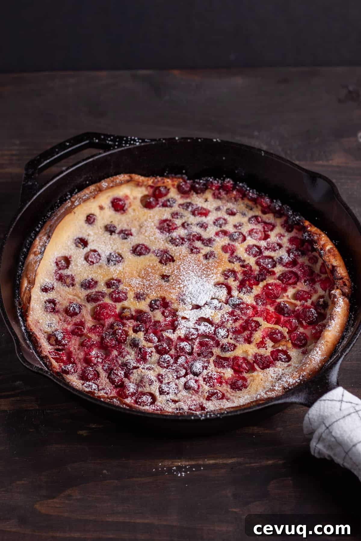A cranberry dutch baby in a cast iron skillet dusted with powdered sugar.
