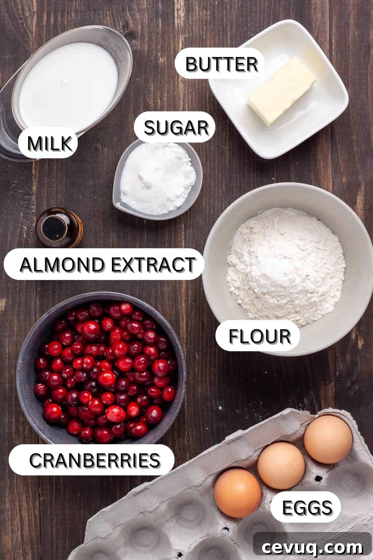 Ingredients for a Cranberry Dutch Baby on a dark table.