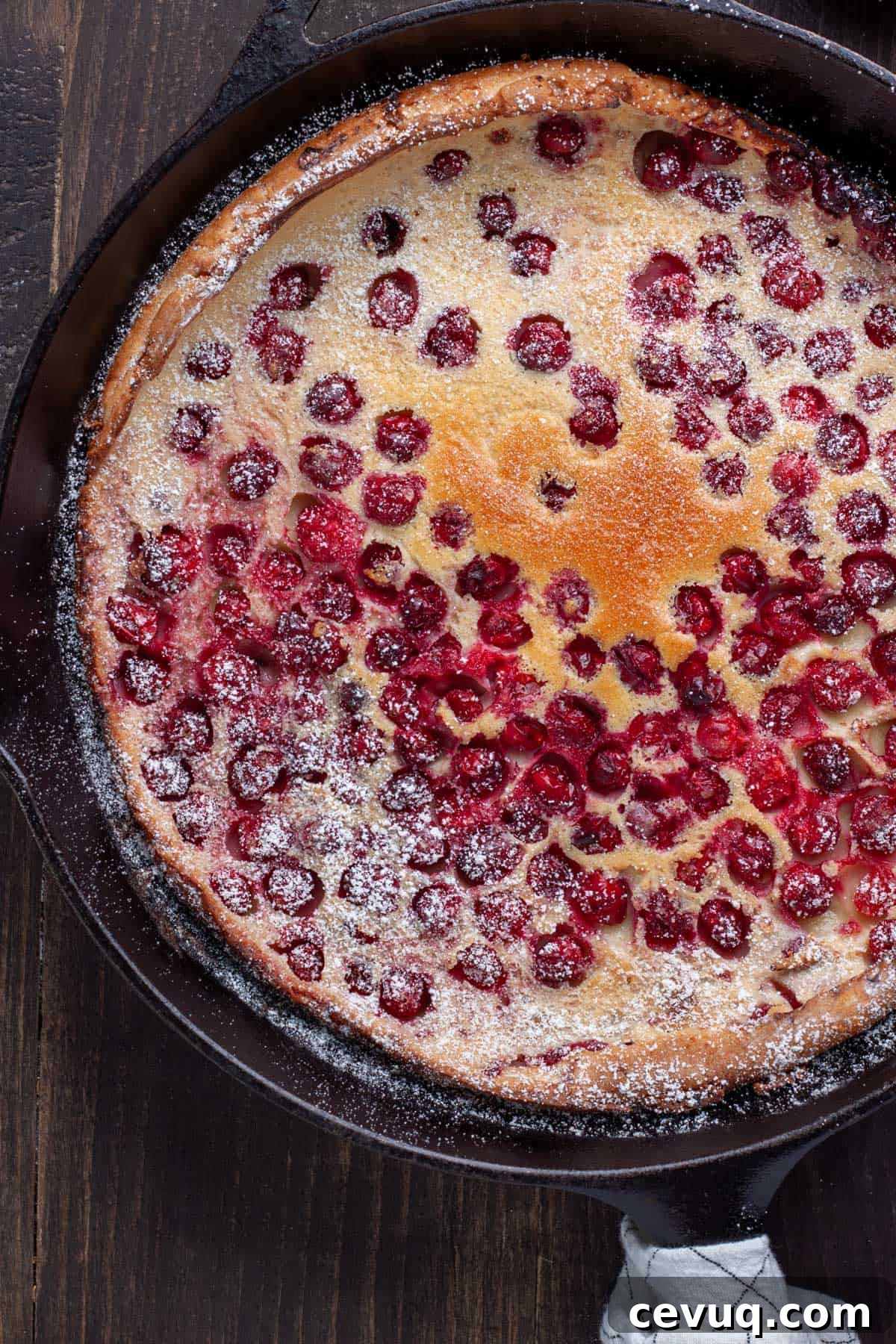 A cranberry Dutch baby in a cast iron skillet lightly dusted with powdered sugar.