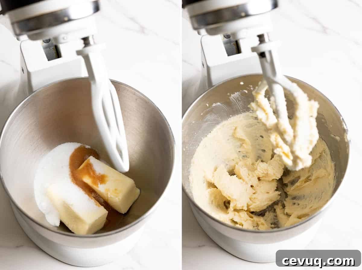 Butter, sugar and vanilla are creamed together in a stand mixer.