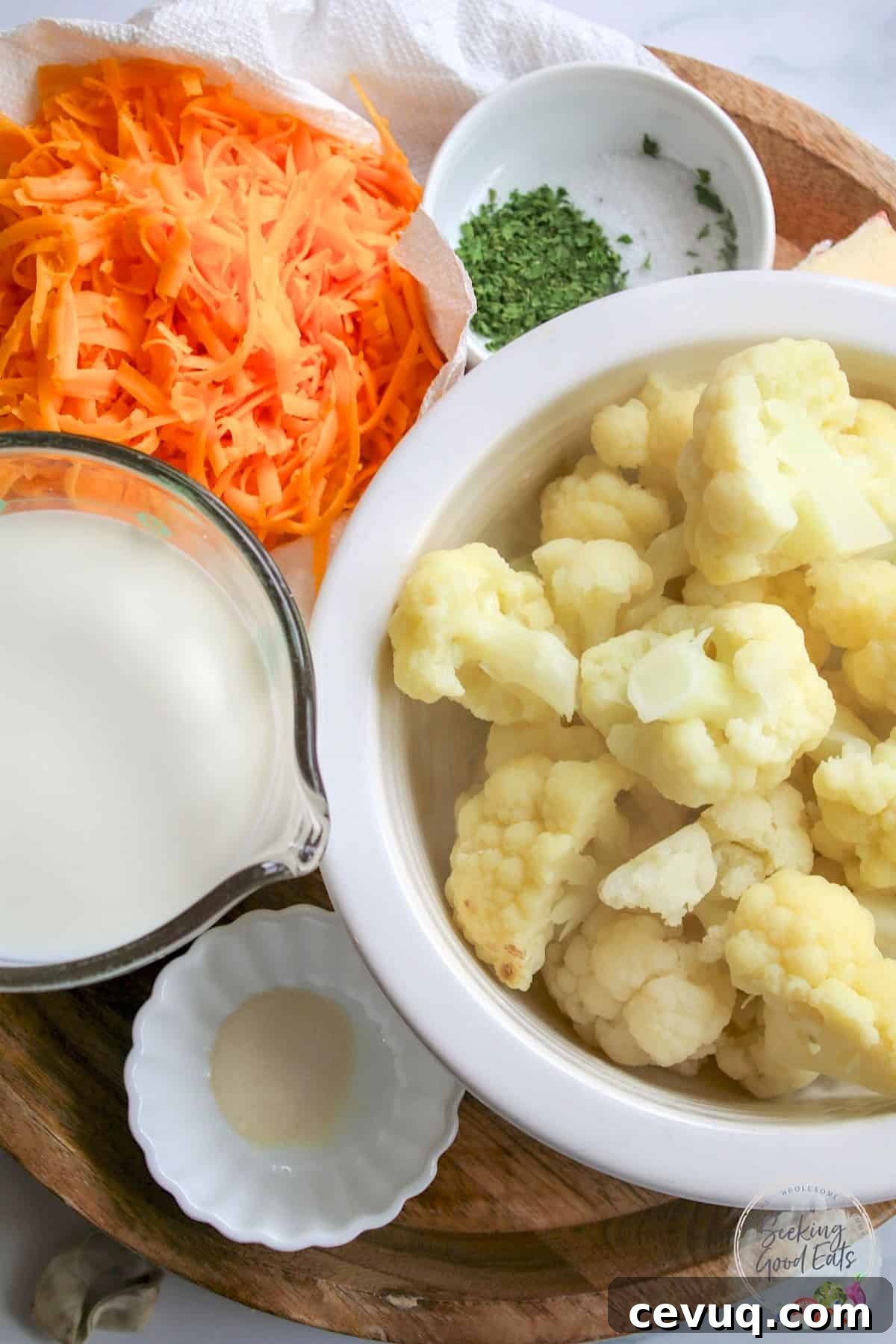 Creamy Cauliflower Mac & Cheese Casserole 3 Ingredients needed for making cauliflower Mac and cheese.