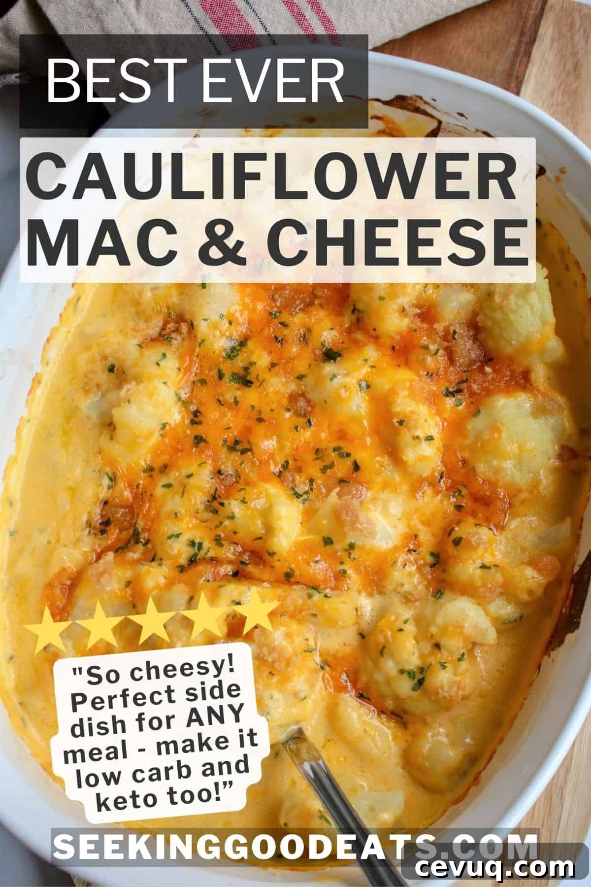 Creamy Cauliflower Mac & Cheese Casserole 4 Cauliflower Mac and cheese baked in a white baking dish and garnished with fresh parsley.