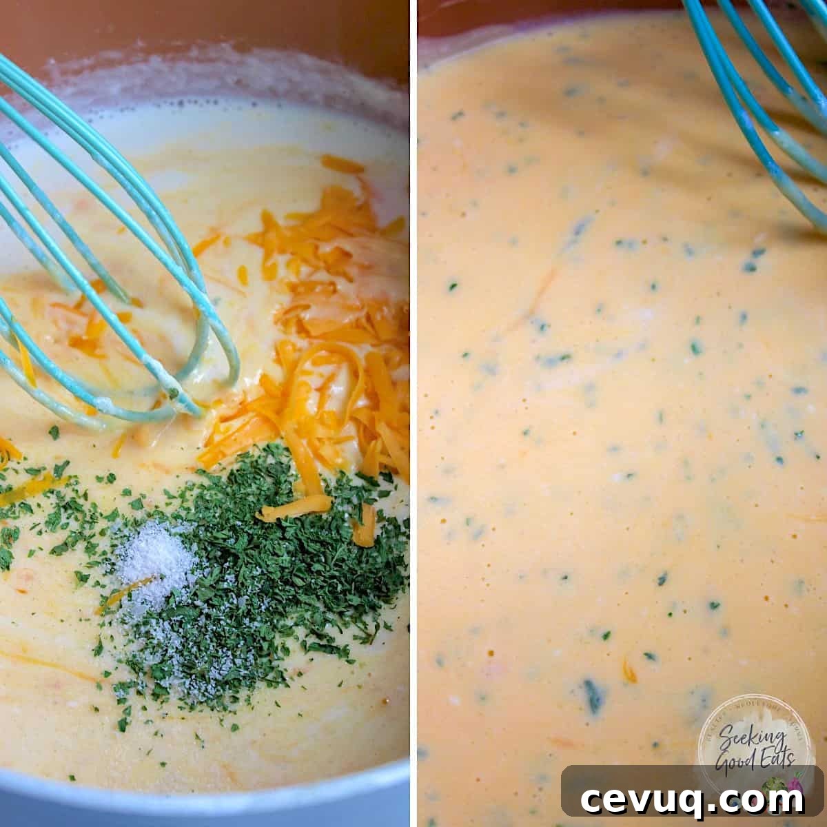 Creamy Cauliflower Mac & Cheese Casserole 7 Adding the cheese, herbs, and seasoning to the pot and thickening the cauliflower cheese sauce.