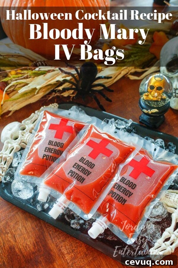 Bloody Mary IV Bag Cocktail Recipe for Halloween Party 11 Halloween blood bag drinks filled with a classic Smirnoff vodka Bloody Mary recipe
