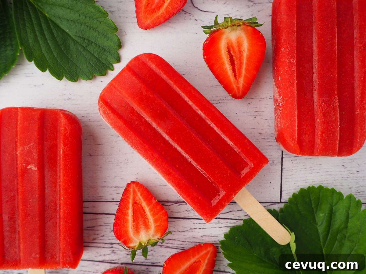 Row of three strawberry popsicles, surrounded by fresh strawberries and strawberry leaves.