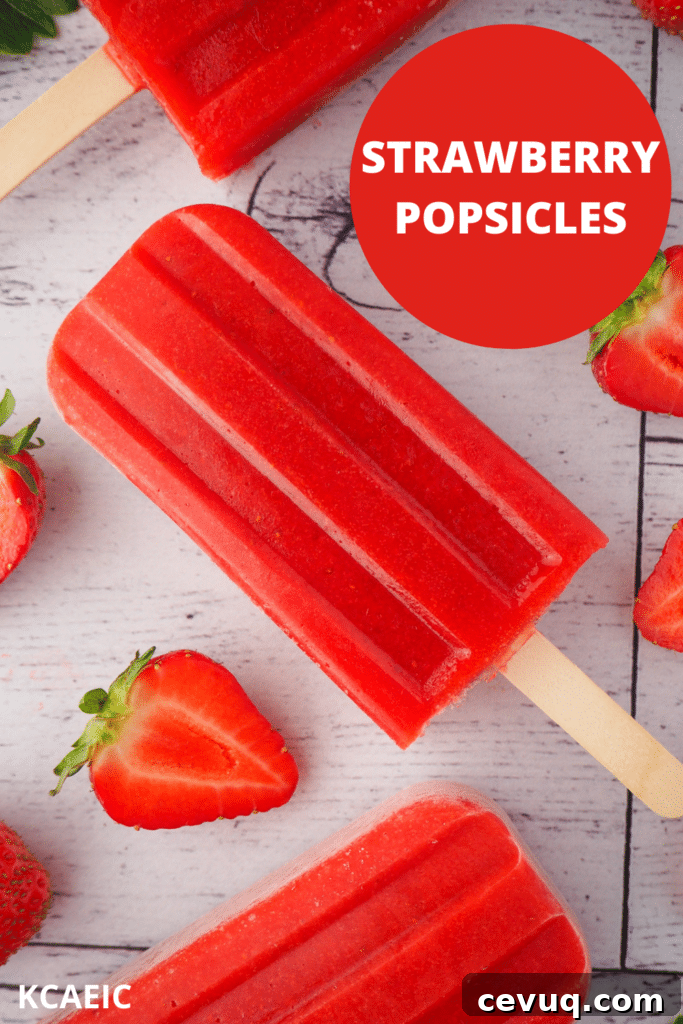 Strawberry popsicles in a vertical row, surrounded by fresh strawberries, with text overlay.
