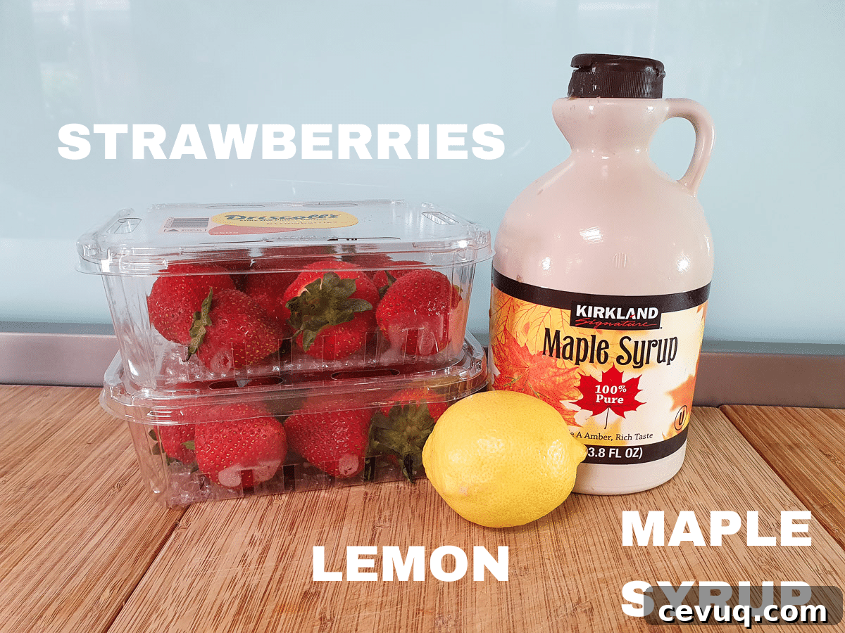 Strawberry popsicles ingredients, fresh strawberries, fresh lemon, maple syrup.