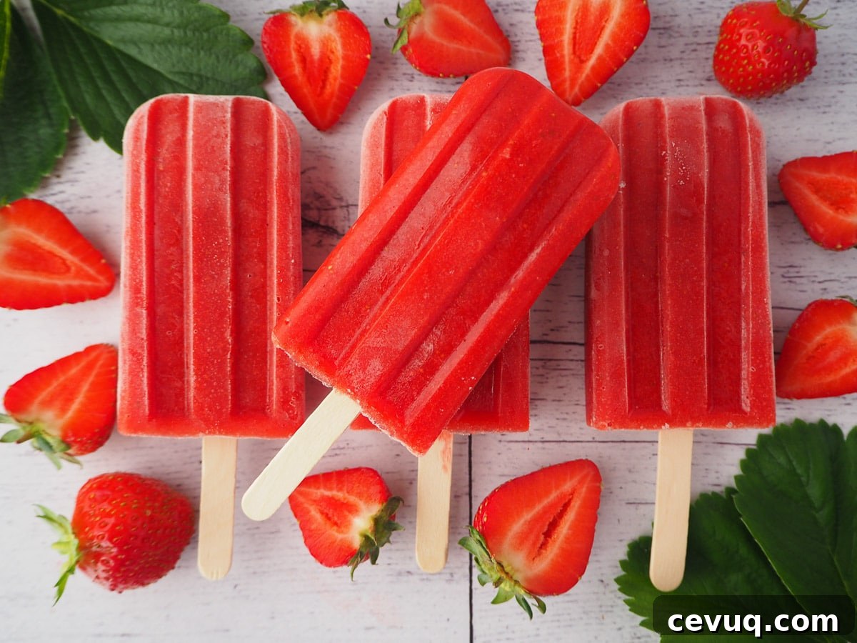 Row of three strawberry popsicles with a 4th stacked on top, surrounded by fresh strawberries and strawberry leaves.