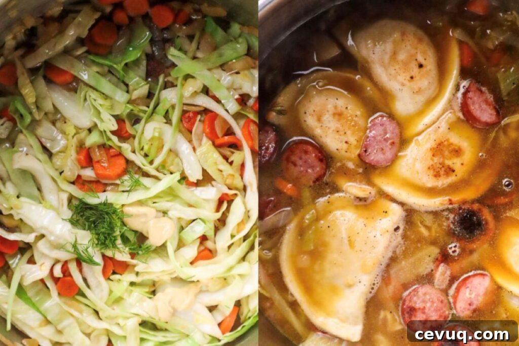 process shots for pierogi kielbasa cabbage soup