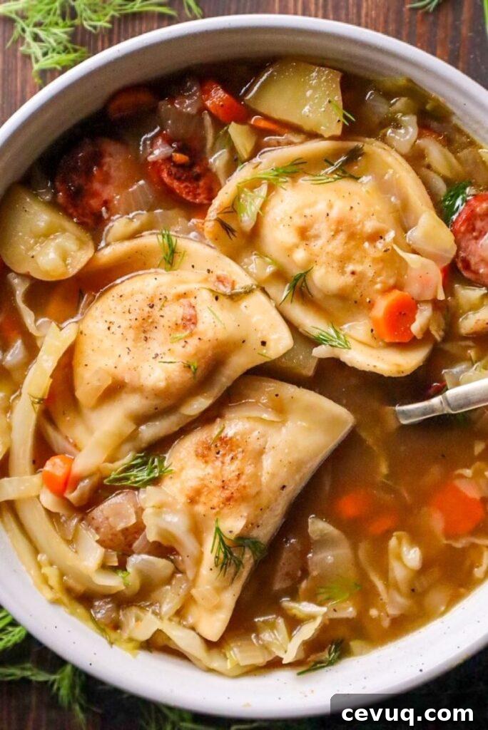 pierogi soup with cabbage and kielbasa sausage