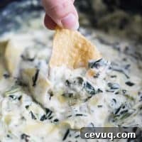 Dipping a chip into the best Crockpot Spinach Artichoke Dip