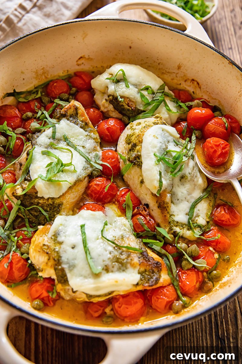 chicken caprese in a pan with cherry tomatoes