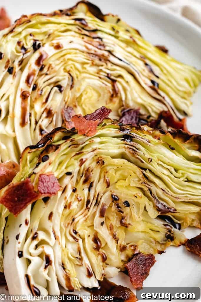 Close up of baked cabbage and bacon.