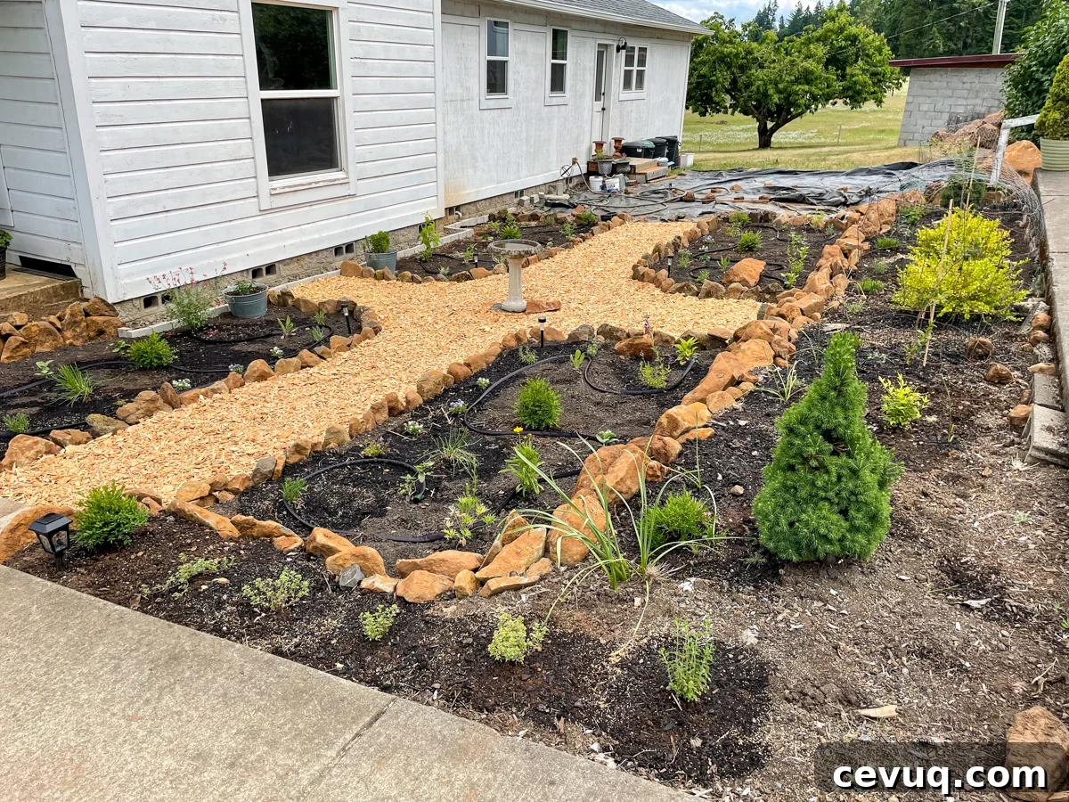 newly planted herb and flower garden with wood chip paths.
