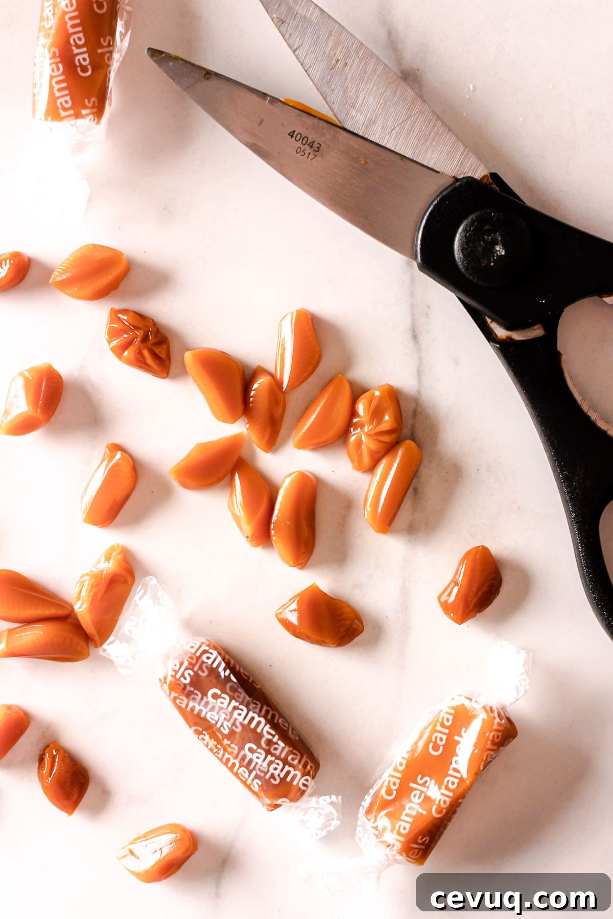 Cut caramels for topping