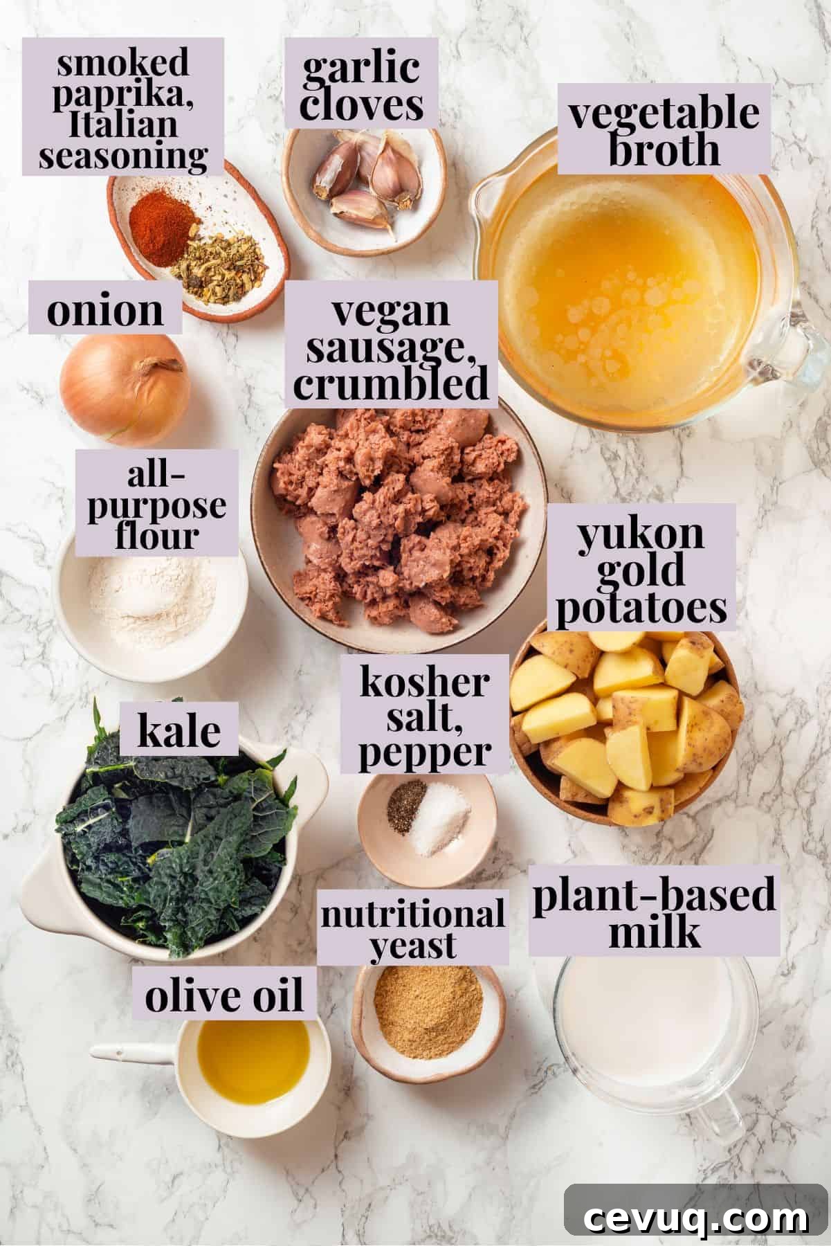 Overhead view of ingredients for zuppa toscana with labels