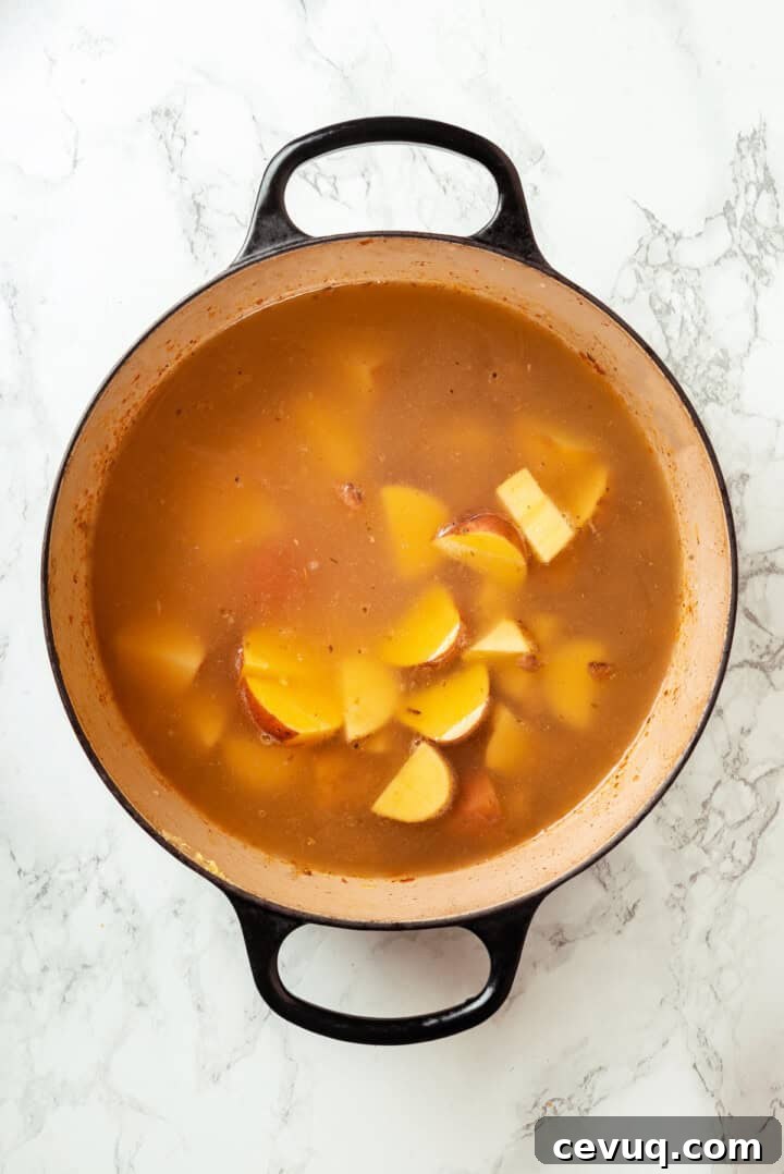 Potatoes cooking in pot of soup