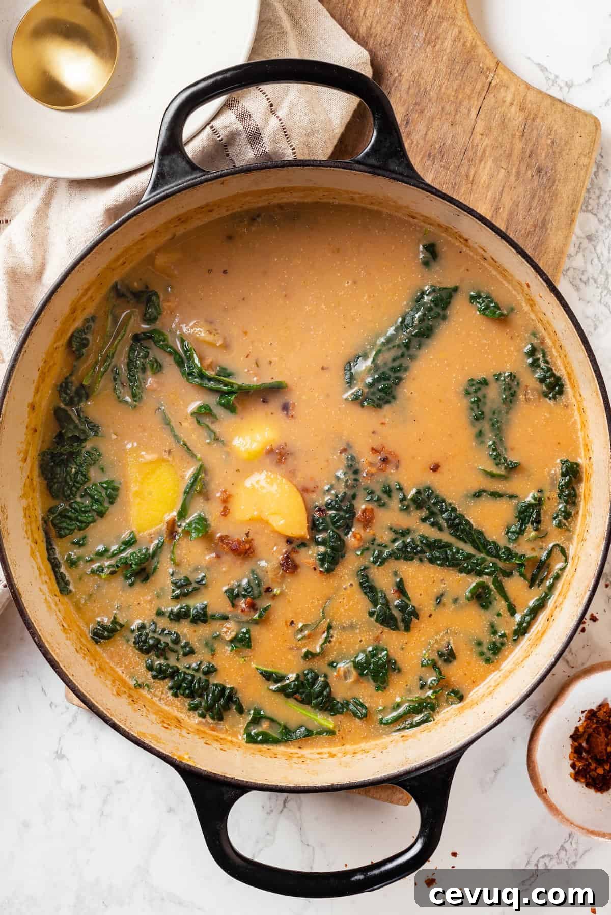 Overhead view of zuppa toscana in pot